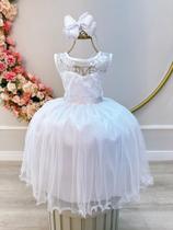 Vestido Infantil Branco C/ Renda Metalizada e Tule Glitter