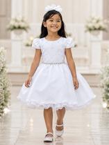 Vestido Infantil Branco Cinto Pérolas Damas Casamento Luxo batismo Apresentação
