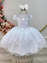 Vestido Infantil Branco com Aplique de Borboletas, Flores e Pérolas