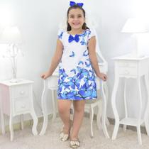 Vestido Infantil Branco Com Borboletas Azuis - Trapézio