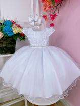 Vestido Infantil Branco Com Cinto de Pérolas Strass Luxo