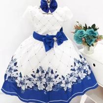 Vestido infantil branco com flores azul delicado acompanha laço para cabelo