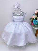 Vestido infantil branco com renda cinto pérolas princesas