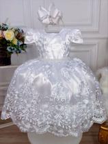 Vestido Infantil Branco Com Renda Realeza e Cinto de Pérola - tamanho 3 - enjoy