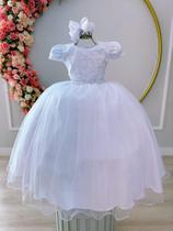 Vestido Infantil Branco Damas C/ Renda e Cinto de Pérolas super luxo festa 1040BC - utchuk kids