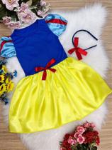 Vestido Infantil Branco de Neve Amarelo com Tiara Luxo - Fantasia Vestido Infantil Branco de Neve Amarelo com Tiara Luxo - Fantasia