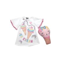 Vestido Infantil Branco Estampado Macio Confortável Com Bolsa Gatinho Sorvete Kukiê Vestido Infantil Branco Estampado Macio Confortável Com Bolsa Gatinho Sorvete Kukiê