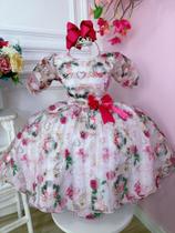 Vestido Infantil Branco Floral Puppy Dog Aplique Laço Luxo Festa 0879BR