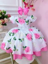 Vestido Infantil Branco Florido de Rosas C/ Pérolas Festas