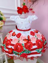 Vestido Infantil Branco Florido de Vermelho Primavera Luxo Festa 3281BV