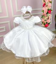 Vestido infantil Branco Gola de Perolas Batizado - Envio Já - belle fille