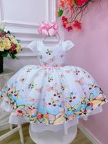 Vestido Infantil Branco Jardim das Borboletas Peito Strass luxo festa 0594BR