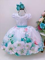 Vestido infantil branco jardim das borboletas pérolas strass