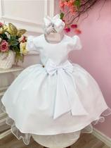 Vestido Infantil Branco Liso com Aplique de Laço para Damas de Formatura