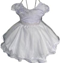 Vestido infantil branco luxo manga bordada e cinto em perola 1 ao 4