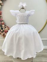Vestido Infantil Branco Nervura com Pérolas e Cinto Luxo para Festas