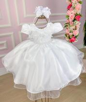 Vestido infantil Branco Peito Florido Batizado - Envio Já - belle fille