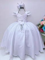 Vestido infantil branco peito nervura broche flor luxo