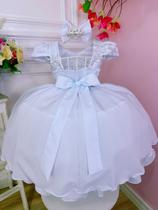 Vestido Infantil Branco Renda Cinto de Pérolas C/Tiara Luxo