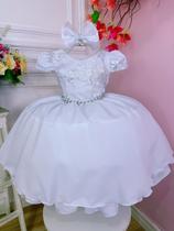 Vestido Infantil Branco Renda Cinto de Pérolas C/Tiara Luxo - puzzle