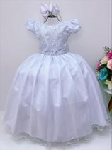 Vestido Infantil Branco Renda Damas Honra Casamentos Pérolas Luxo