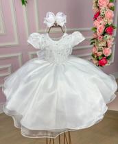 Vestido infantil Branco Renda Raminhos Batizado _ Envio Já - belle fille