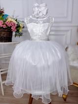 Vestido infantil branco renda realeza e tule c/ glitter