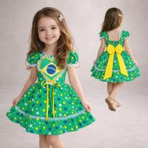 Vestido Infantil Brasil Copa do Mundo Verde com Tule Luxo Cor:Brasil VerdeTamanho:2