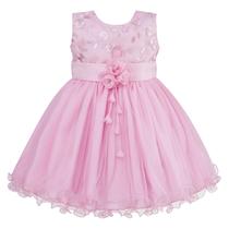Vestido Infantil Busto Bordado Renda Batizado Rosa