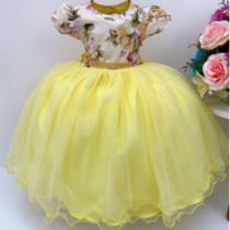 Vestido infantil busto floral saia amarela cinto strass