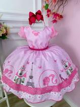 Vestido Infantil Casa da Barbie Rosa C/ Cinto de Pérolas Luxo Festa 1190RS