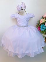 Vestido Infantil Casamento Formatura C/ Cinto Pérola E Tiara - Branco