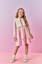 Vestido Infantil Cindi Rosa com Estampa de Princesa e Unicórnio e Colete Peludo Bege