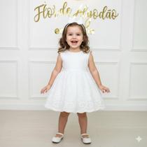 Vestido Infantil Clara Branco Detalhes Renda Laço nas Costas 100 Algodão
