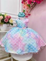 Vestido Infantil Colorido Escamas Sereia Ariel Luxo Festas