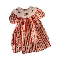 Vestido Infantil Com Estampa De Morango E Coelho Em Listras Vermelhas E Brancas, Manga Curta E Gola