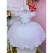 Vestido Infantil Com Laço de Cabelo Branco Batismo Batizado Comunhão Eucaristia Dama Daminha Florista Noivinha Casamento