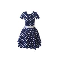 Vestido Infantil Com Mangas Meninas Anos 60 Godê Duplo Poá Azul Bolinha