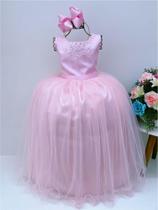 Vestido Infantil Damas de Honra Longo Rosa Pérolas Luxo