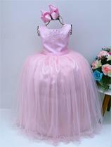Vestido Infantil Damas de Honra Longo Rosa Pérolas Luxo