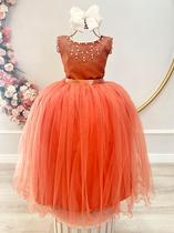 Vestido Infantil Damas de Honra Longo Terracota Strass Pérolas Florista Formatura