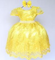 Vestido Infantil Daminha Amarelo Renda Bela Luxo E Tiara
