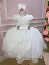 Vestido Infantil Daminha Midi Flores Branco para Casamentos e Festas Vestido Infantil Daminha Midi Flores Branco para Casamentos e Festas