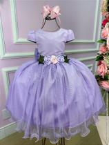 Vestido Infantil Daminha Midi Flores Lilás - Confeccionado em Tule e Tecnosport
