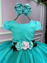 Vestido Infantil Daminha Midi Flores Verde - Confeccionado em Tule e Tecnosport Vestido Infantil Daminha Midi Flores Verde - Confeccionado em Tule e Tecnosport