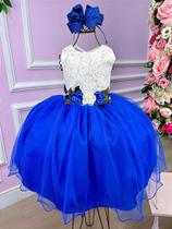 Vestido Infantil Daminha Midi Florista Jardim Encantado Azul Royal e Off - Tecido Renda e Tule