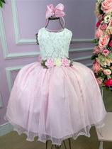 Vestido Infantil Daminha Midi Florista Jardim Encantado Rosa Bebê e Off