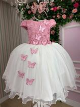 Vestido Infantil Daminha Midi Florista Jardim Encantado Rose e Off - Tecido Renda e Tule