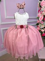 Vestido Infantil Daminha Midi Florista Jardim Encantado Rose e Off - Tecido Renda, Tule e Tecnosport Vestido Infantil Daminha Midi Florista Jardim Encantado Rose e Off - Tecido Renda, Tule e Tecnosport