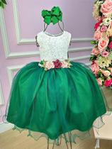 Vestido Infantil Daminha Midi Florista Jardim Encantado Verde e Off - Tecido Renda e Tule